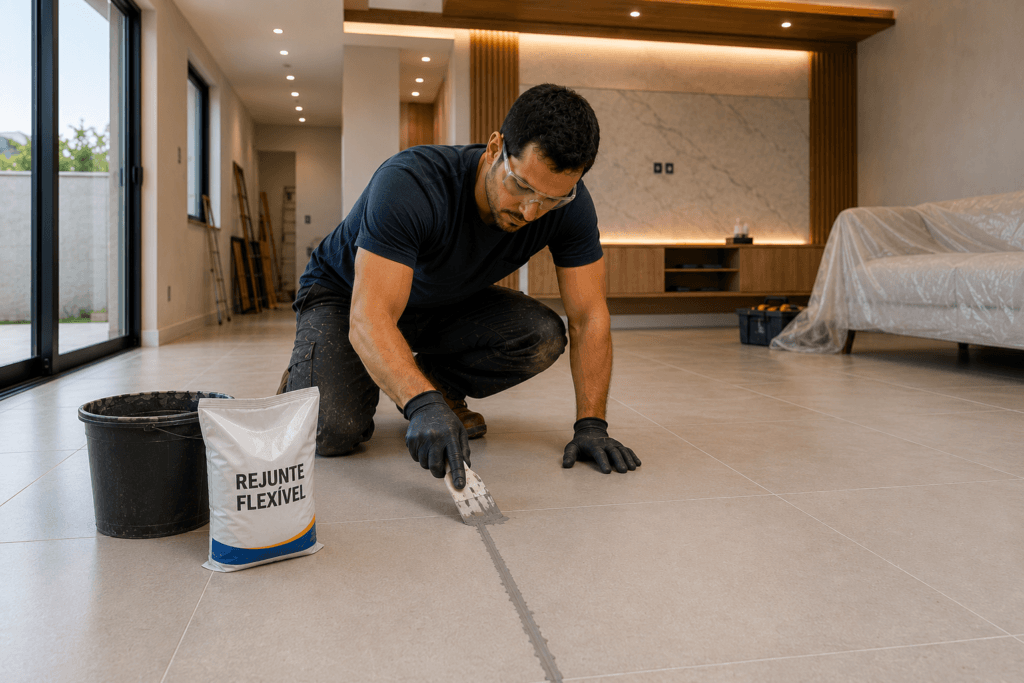 Profissional aplicando rejunte flexível em piso cerâmico durante acabamento de obra residencial.