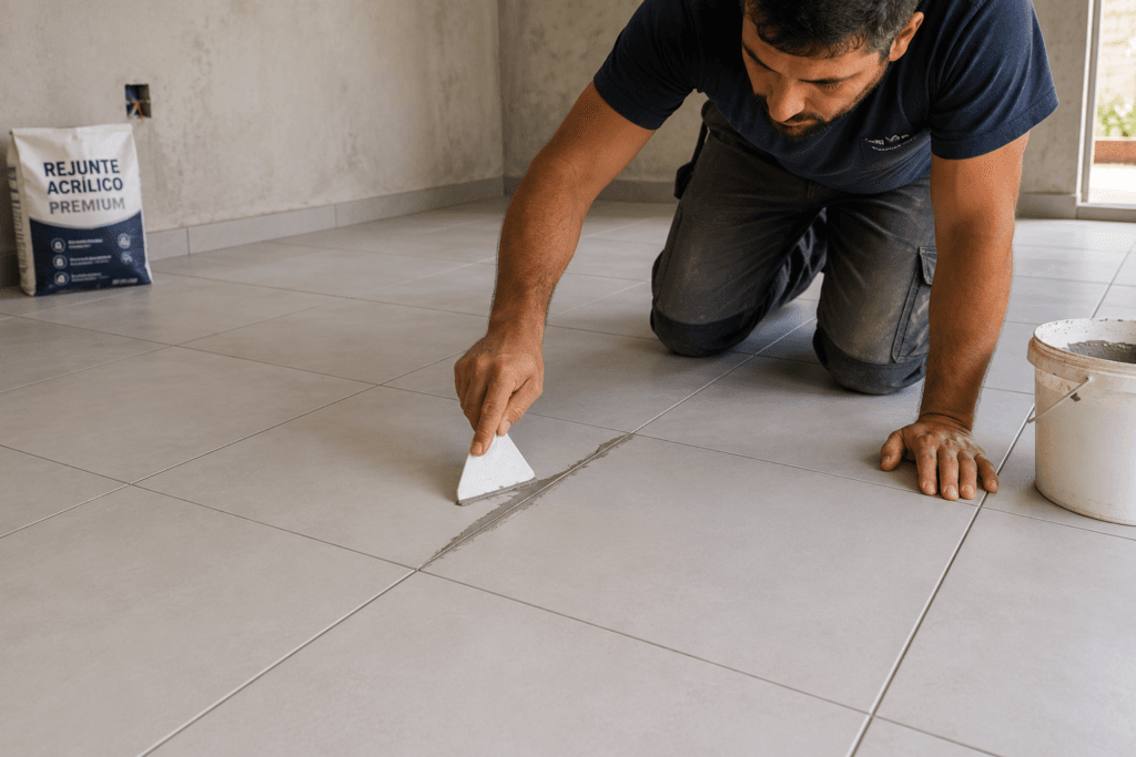 Aplicação de rejunte acrílico em piso