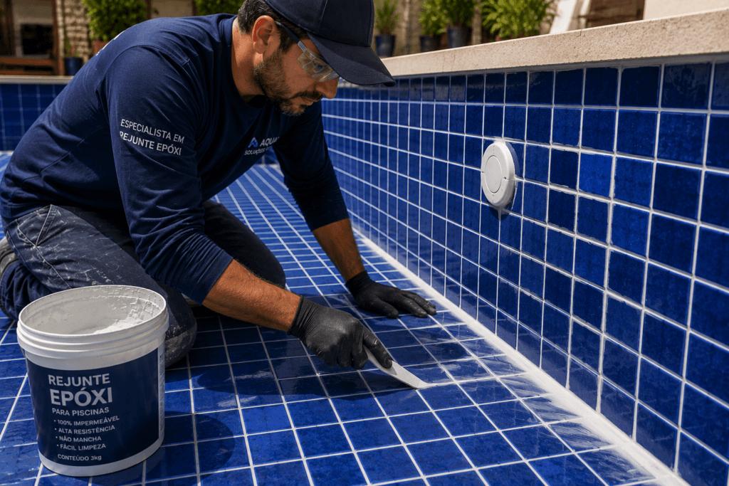 Profissional aplicando rejunte epóxi em pastilhas de piscina para garantir impermeabilidade e longa durabilidade.