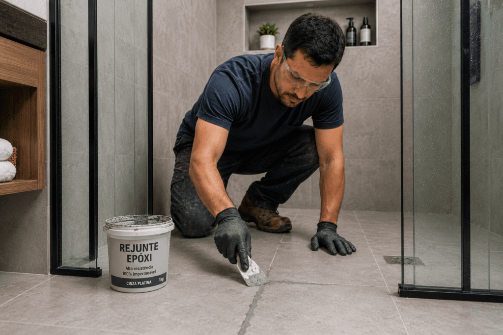 Profissional aplicando rejunte epóxi em piso de banheiro durante acabamento de revestimento cerâmico.
