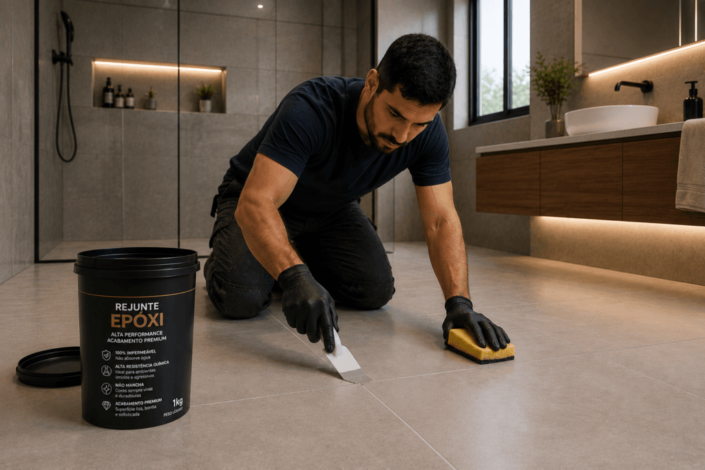 Profissional aplicando rejunte epóxi em piso de banheiro