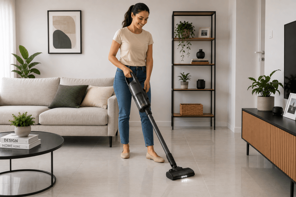 Mulher utilizando aspirador de pó vertical sem fio para limpar piso porcelanato em sala de estar