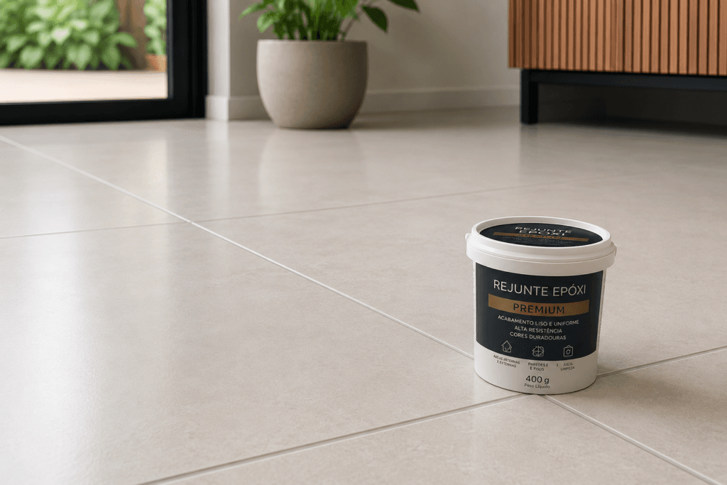 Balde de rejunte epóxi sobre piso porcelanato com juntas claras e acabamento uniforme