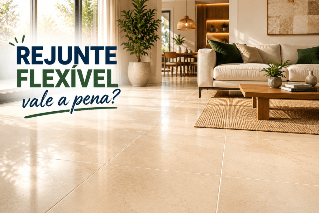 Rejunte flexível aplicado em piso cerâmico residencial para evitar rachaduras e movimentações do revestimento.