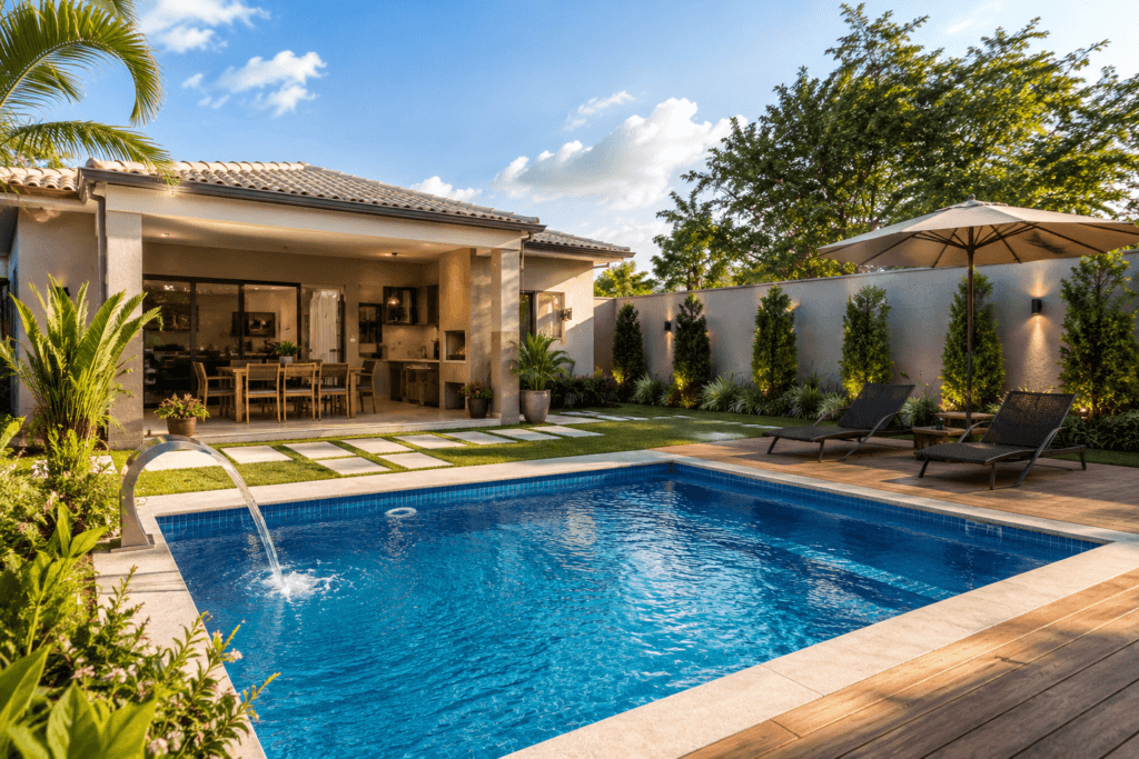 Piscina residencial com revestimento em pastilhas e acabamento adequado para maior durabilidade e resistência à água.