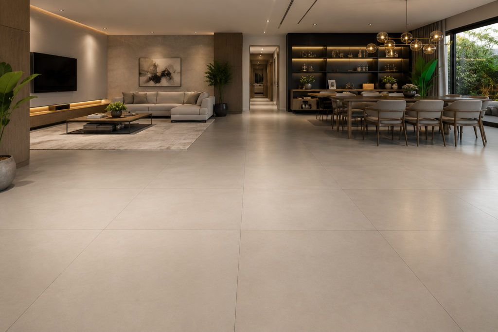 Sala moderna com porcelanato acetinado indicado para casas com cães e gatos