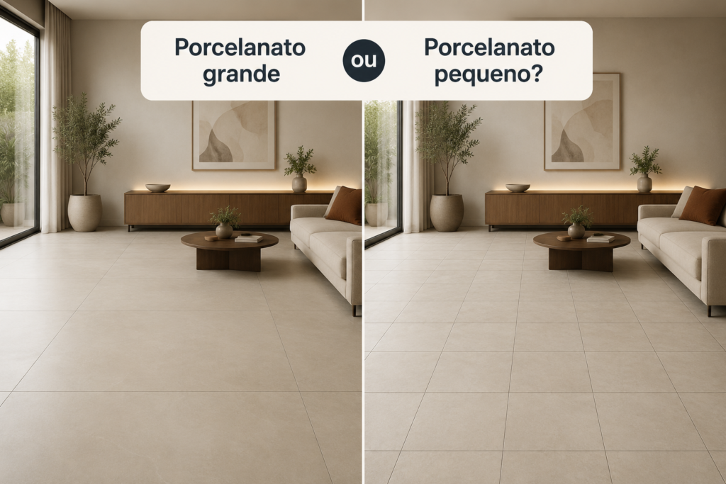 Comparação entre porcelanato grande e pequeno em sala moderna