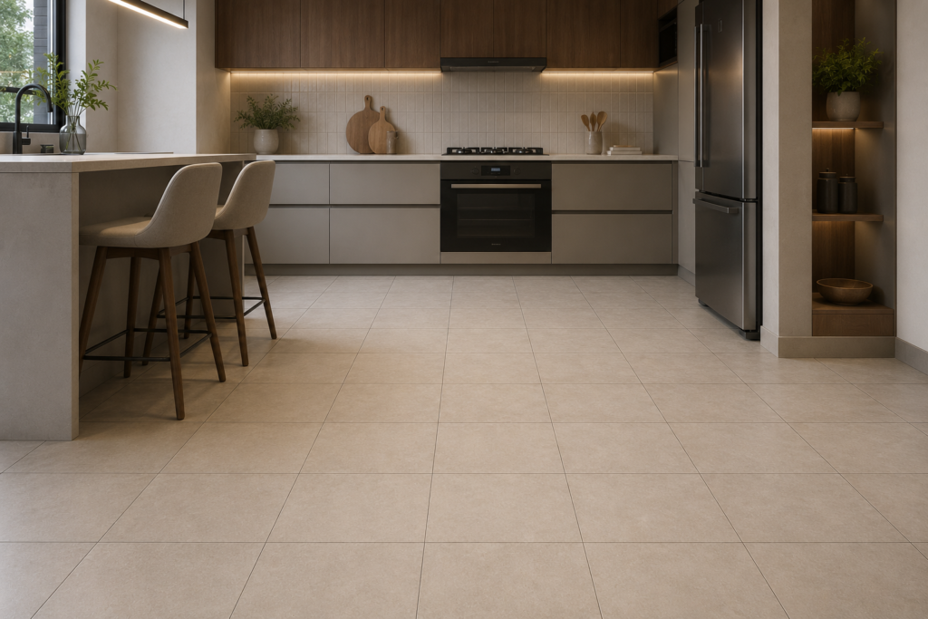 Cozinha com porcelanato pequeno e juntas aparentes