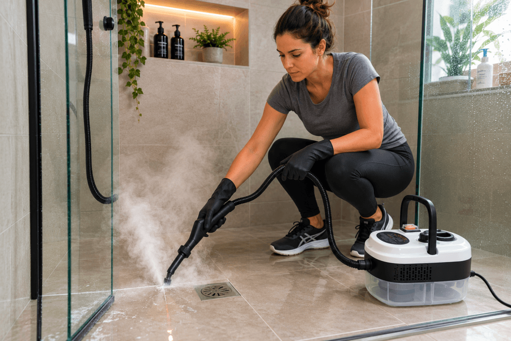 Mulher utilizando limpadora a vapor para higienizar o piso e o rejunte do box do banheiro.