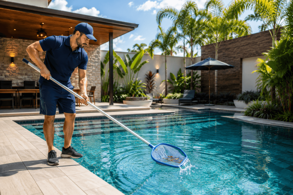 Pessoa realizando a limpeza da piscina com peneira para evitar o acúmulo de folhas e preservar o revestimento e o rejunte.