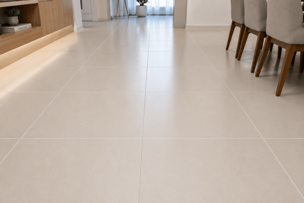 piso porcelanato com rejunte claro limpo e resistente ao escurecimento