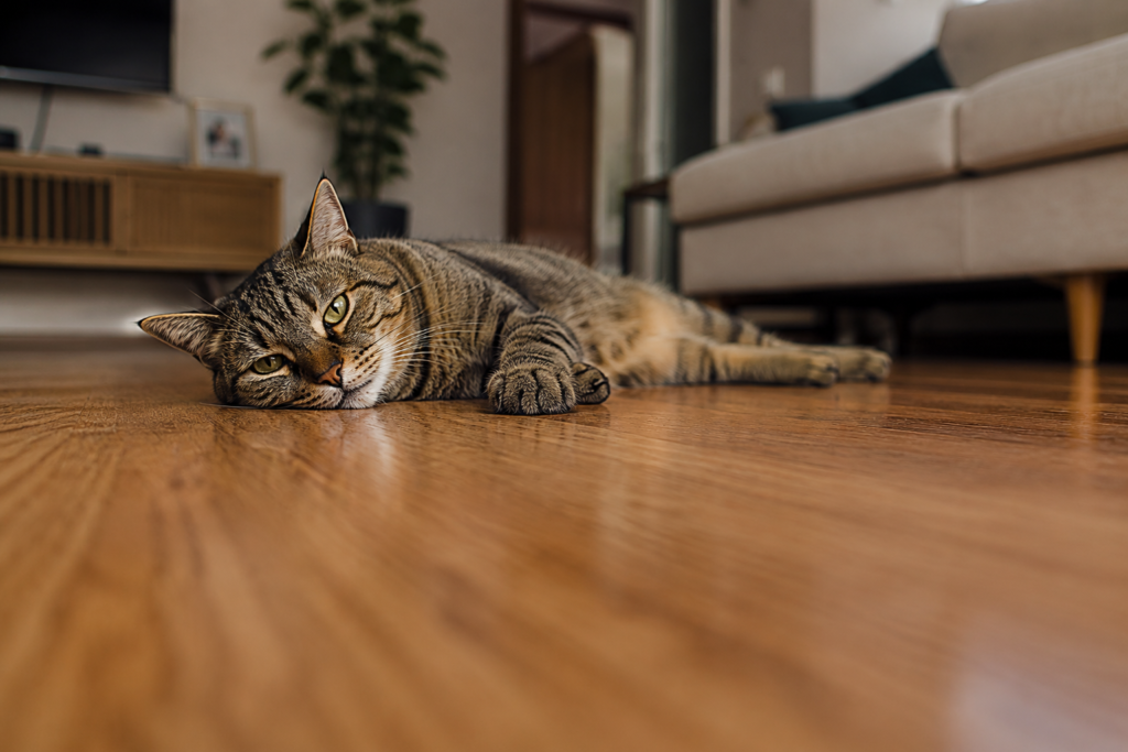 Gato descansando sobre piso confortável indicado para casas com pets