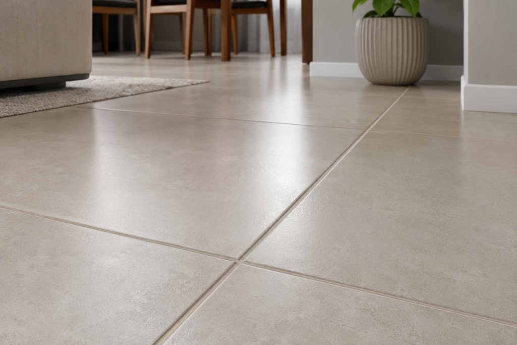 Piso porcelanato acetinado claro com juntas finas e acabamento uniforme