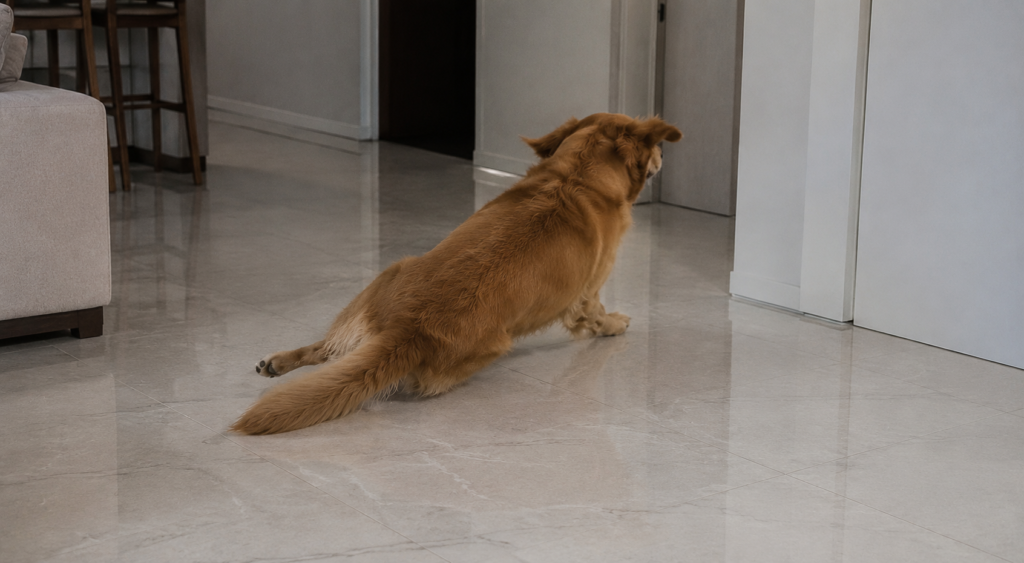 Cachorro escorregando em piso porcelanato liso dentro de casa
