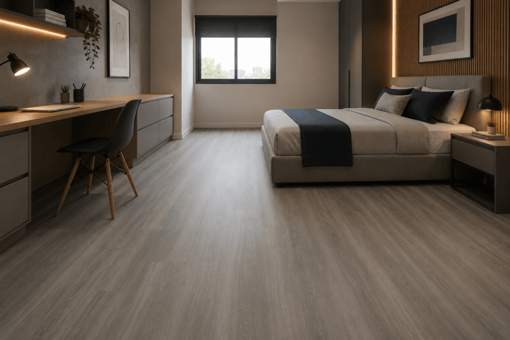 Piso vinílico colado ou clicado em quarto moderno