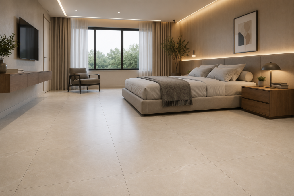 Quarto com porcelanato grande formato e poucas linhas de rejunte