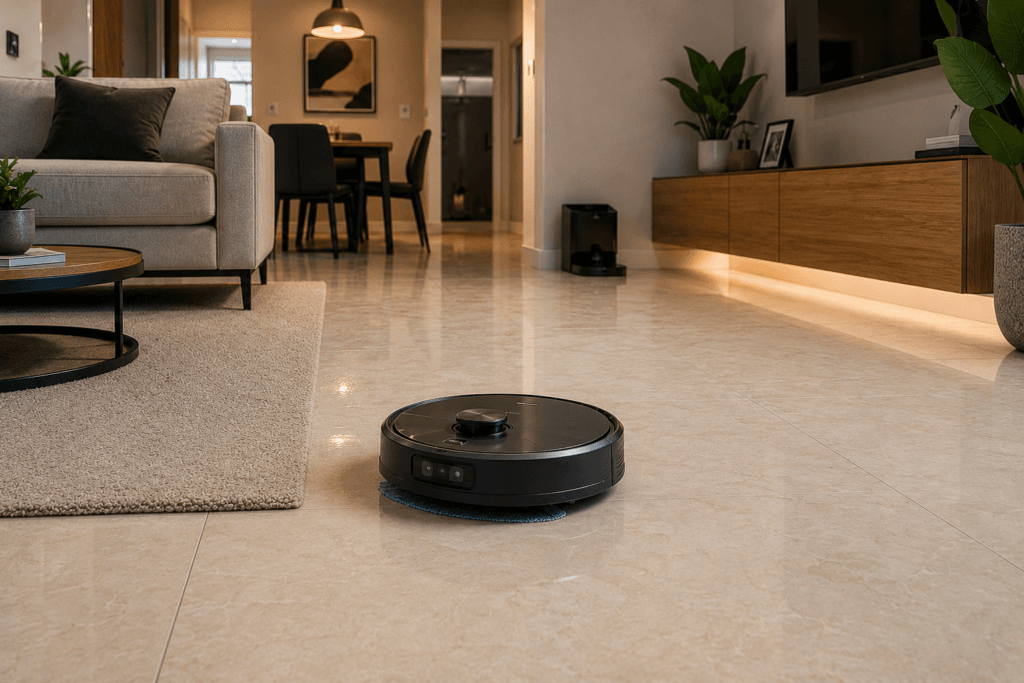 Robô aspirador limpando piso porcelanato e removendo poeira acumulada nas juntas do revestimento.