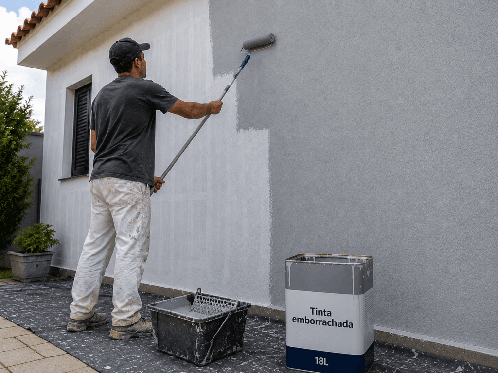 Pintor aplicando tinta emborrachada em uma parede externa para proteger a fachada contra infiltrações causadas pela chuva.