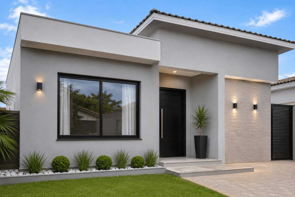 Fachada de casa pintada com tinta emborrachada para proteção contra infiltrações causadas pela chuva.