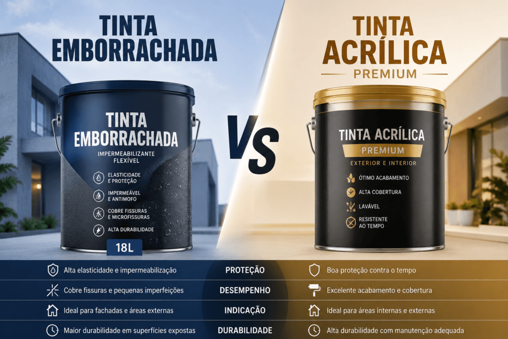 Comparação entre tinta emborrachada e tinta acrílica Premium para pintura de paredes externas.