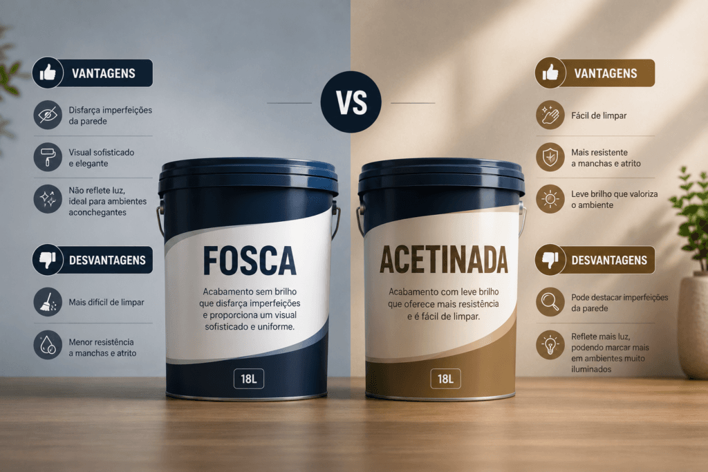 Comparação entre tinta fosca e tinta acetinada mostrando vantagens, desvantagens e diferenças entre os acabamentos para parede.