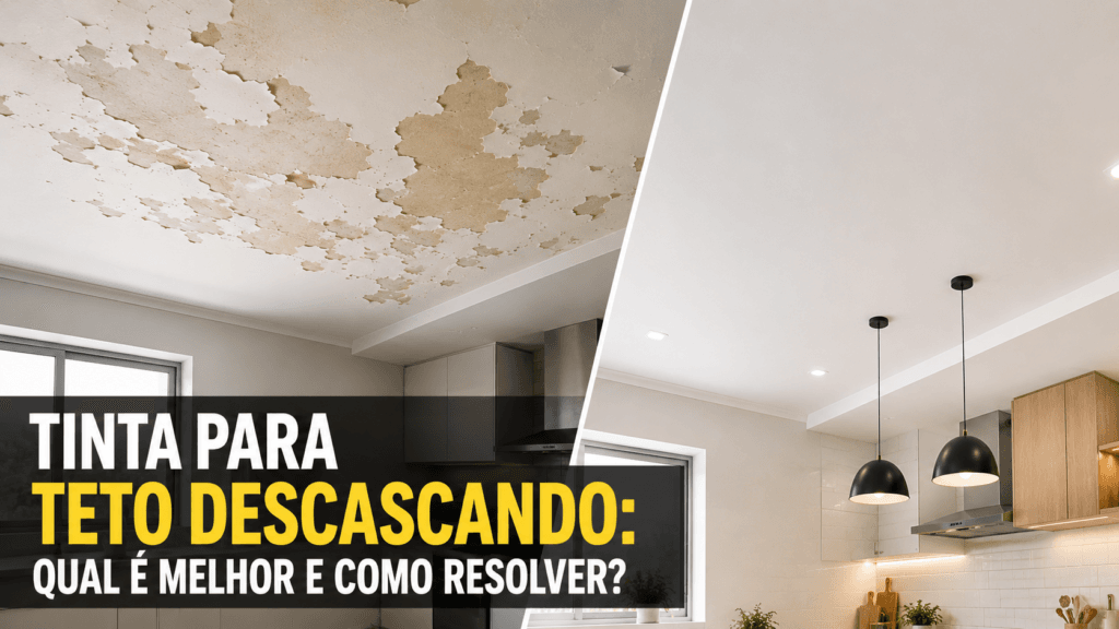Comparação entre um teto com tinta descascando e o mesmo teto restaurado com pintura acrílica após o reparo da superfície.