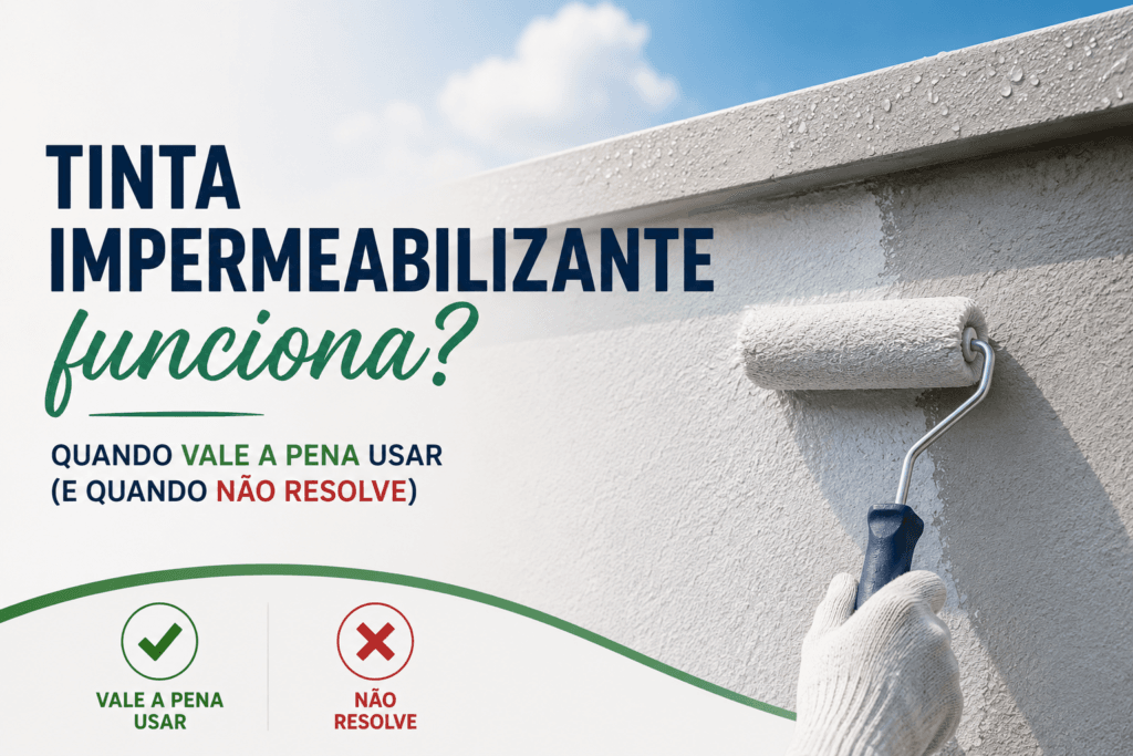 Aplicação de tinta impermeabilizante em parede externa mostrando quando o produto funciona e em quais situações não resolve infiltrações.