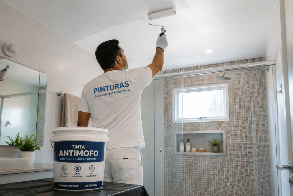 Pintor aplicando tinta antimofo no teto de um banheiro para evitar mofo causado pela umidade.