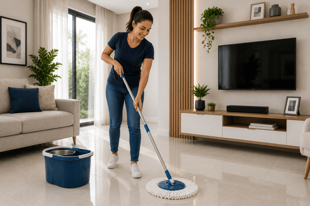 Mulher utilizando mop giratório para limpar o piso e preservar o ambiente após a pintura da casa.