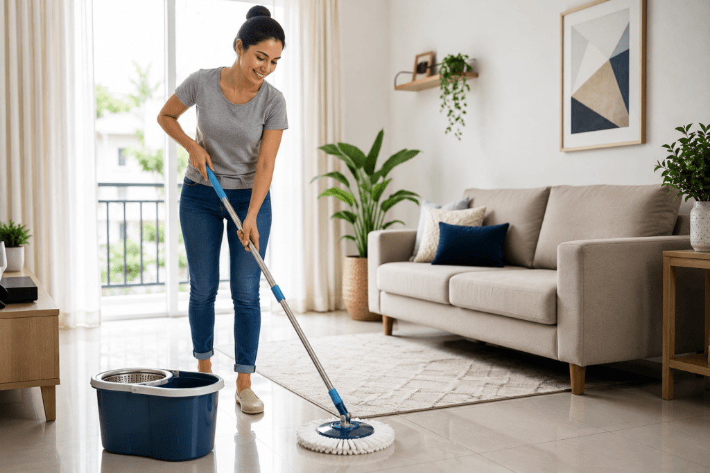 Mulher utilizando um mop giratório para remover poeira e resíduos da reforma após a aplicação de tinta impermeabilizante em áreas externas.