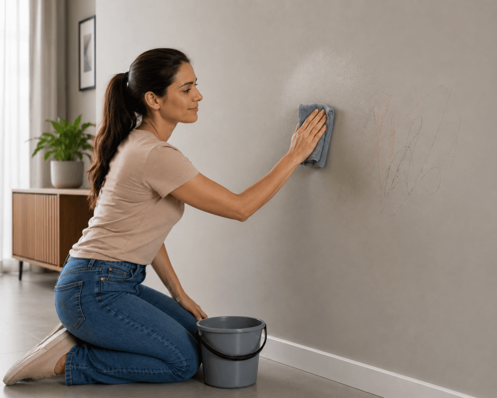 Pessoa limpando uma parede pintada com tinta lavável usando um pano úmido.