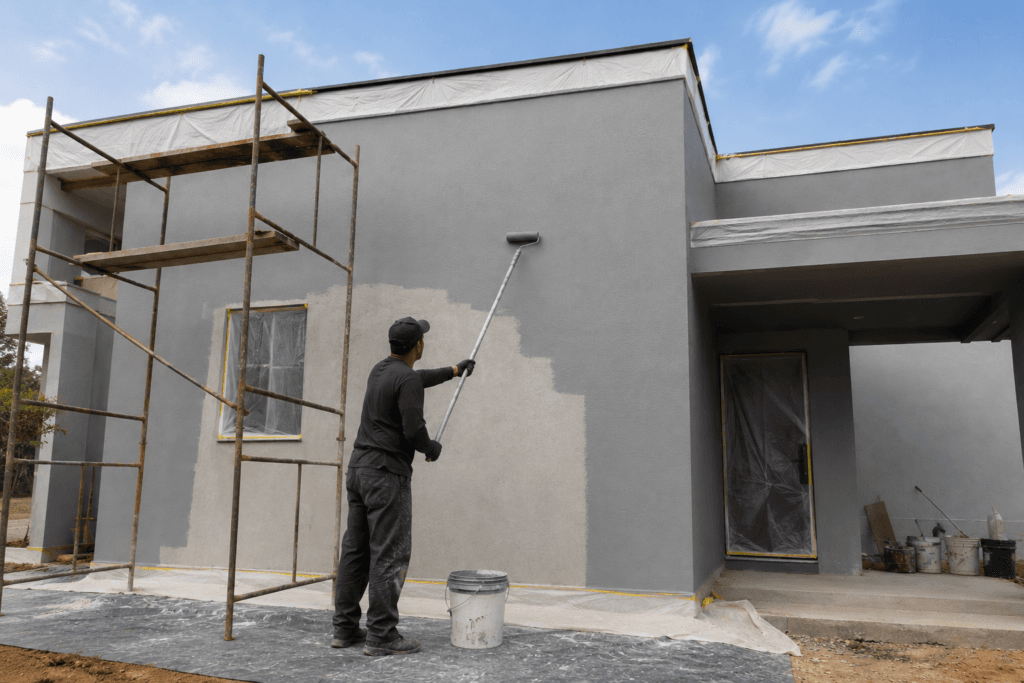 Pintor aplicando tinta emborrachada em fachada de casa durante a pintura externa.