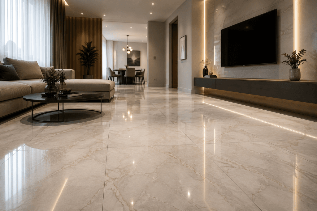 Piso de porcelanato com rejunte cimentício impermeável em sala residencial