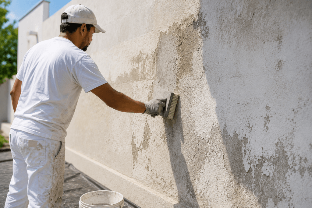 Pessoa preparando uma parede externa antes da pintura impermeabilizante, removendo imperfeições e preparando a superfície para receber o produto.