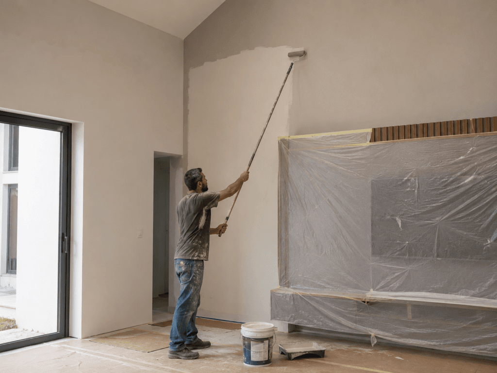 Pintor aplicando tinta em parede da sala durante a preparação para receber acabamento fosco ou acetinado.