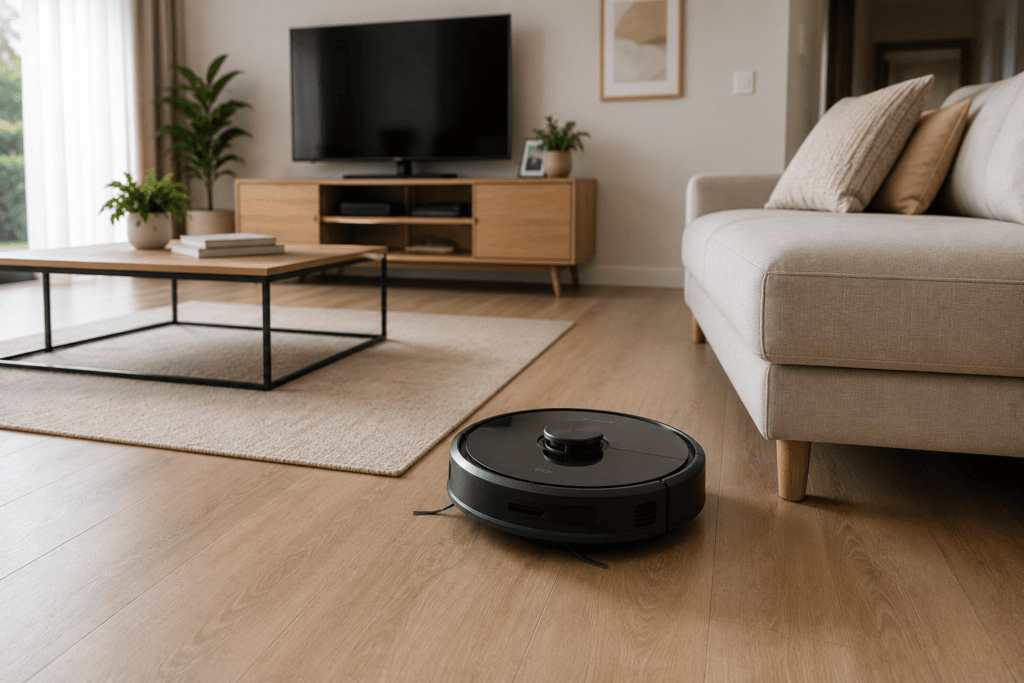 Robô aspirador limpando o piso de uma sala moderna para facilitar a manutenção diária da casa.
