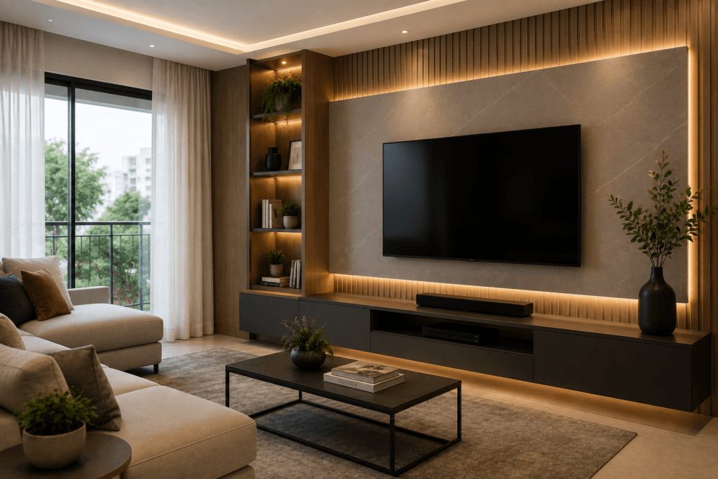 Sala de estar moderna com parede pintada em acabamento acetinado e painel de TV suspenso.