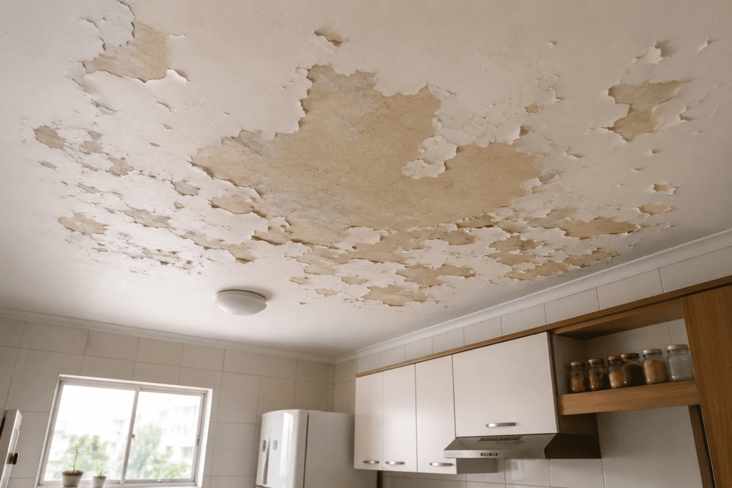 Teto de cozinha com tinta descascando, reboco exposto e sinais de umidade causados por infiltração ou preparação inadequada da pintura.