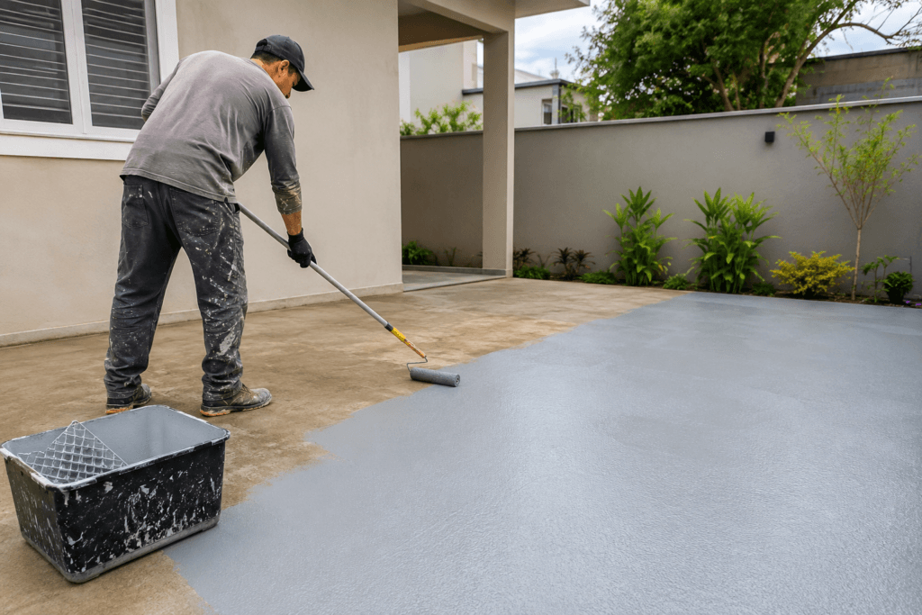 Aplicação de tinta para contrapisos de concreto com rolo