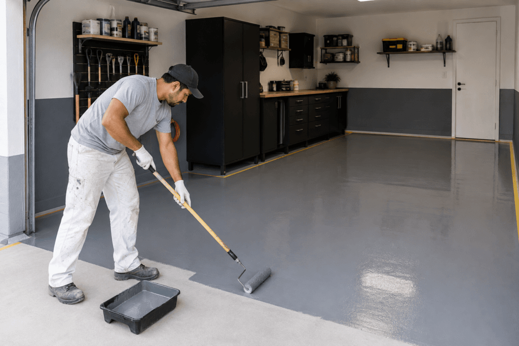 Aplicação de tinta para piso de garagem com rolo