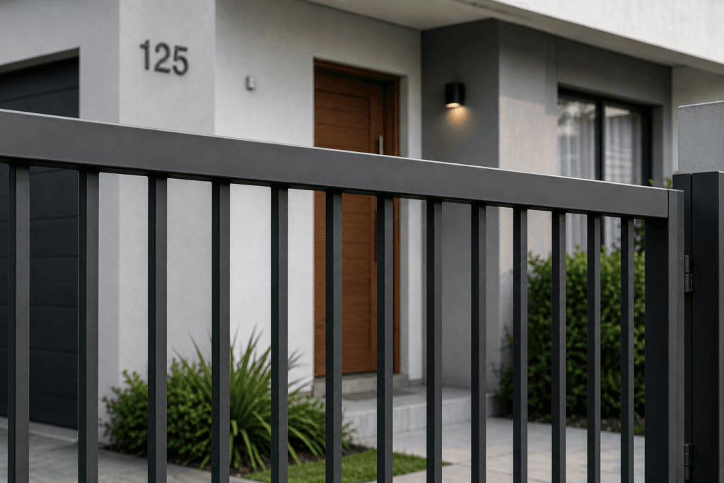 Grade de ferro pintada de preto em frente a uma casa moderna