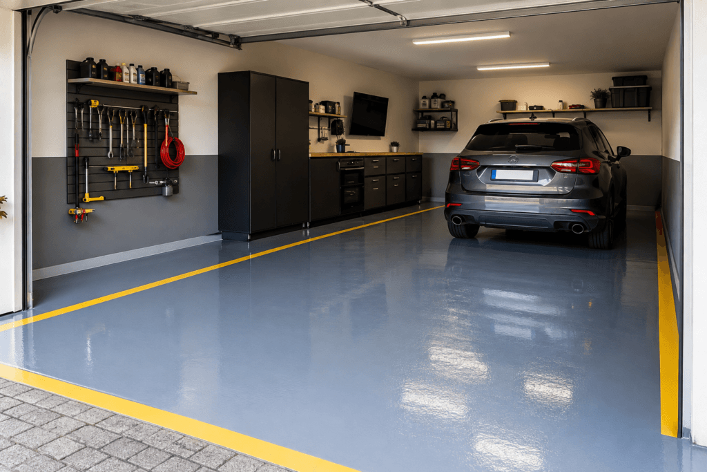 Garagem residencial com piso pintado e carro estacionado