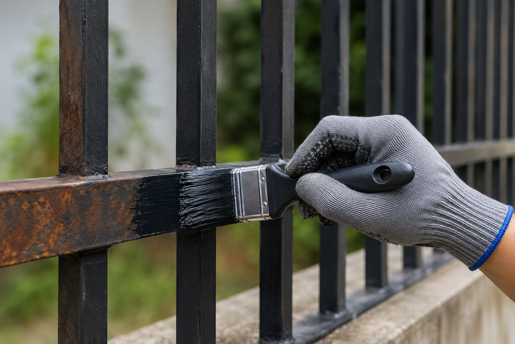 Pintura de grade metálica enferrujada com tinta preta anticorrosiva