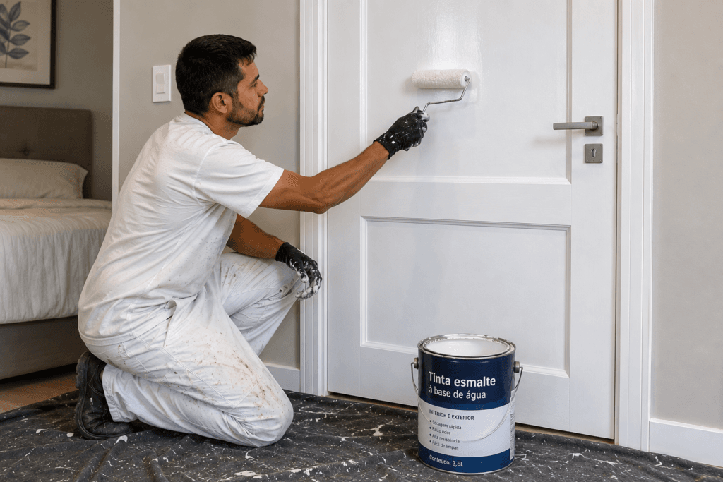 Aplicação de tinta esmalte à base de água em porta de madeira