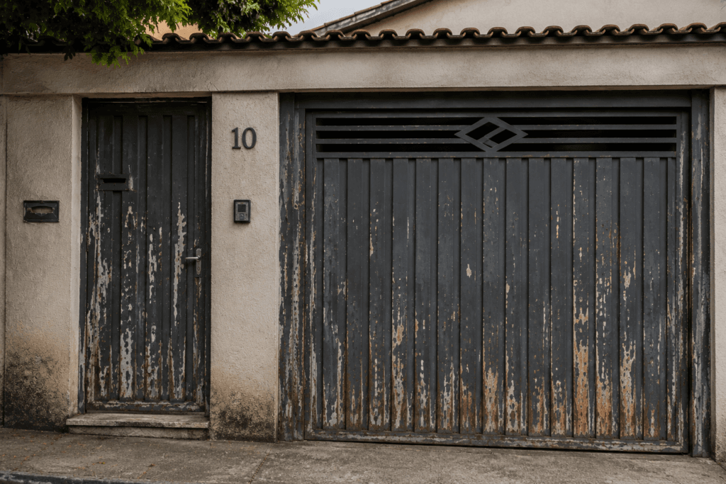 Portão de ferro com tinta descascando e ferrugem