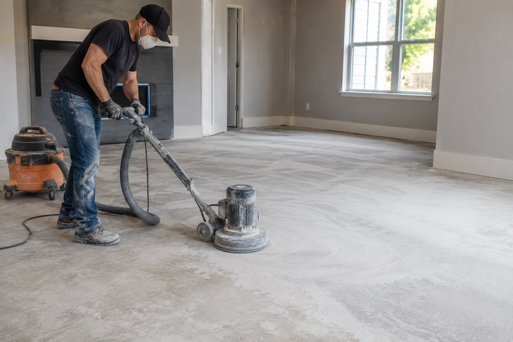 Preparação de piso de concreto com lixamento antes da aplicação de tinta epóxi
